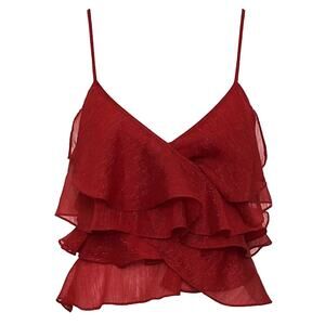 Rumored Red Sparkle Ruffle Cami Tank Top Medium Tiered Tango V‎ Neck Crop Shirt